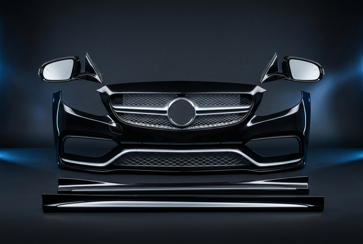 Exterior car styling parts with a front bumper and wing mirrors